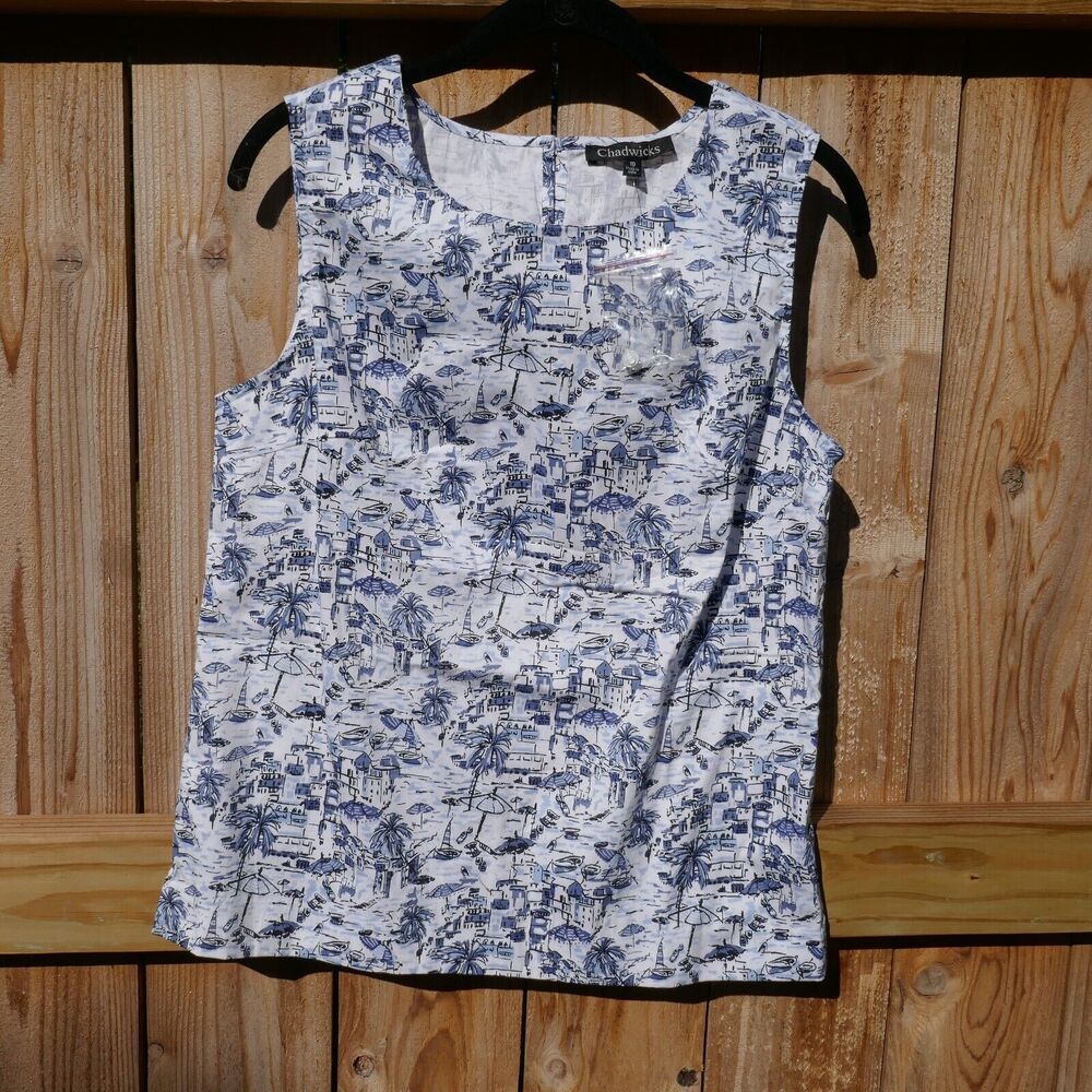 Chadwicks Tank Top Blouse Blue White Toile Vacation Travel Sleeveless Size 10